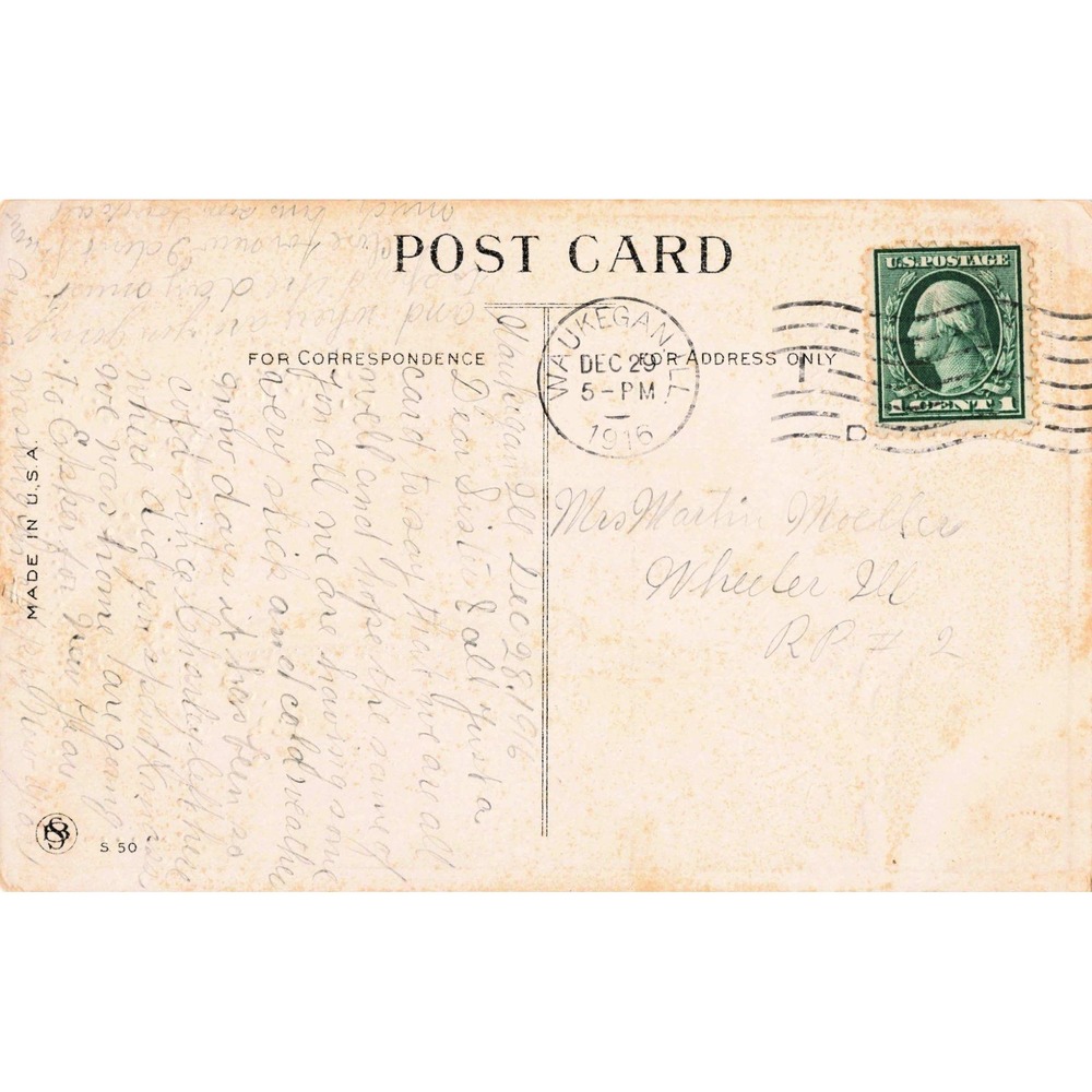 Antique 1916 Birthday Greetings Postcard Winter Scene Pink Flowers Waukegan IL - Picture 2 of 2